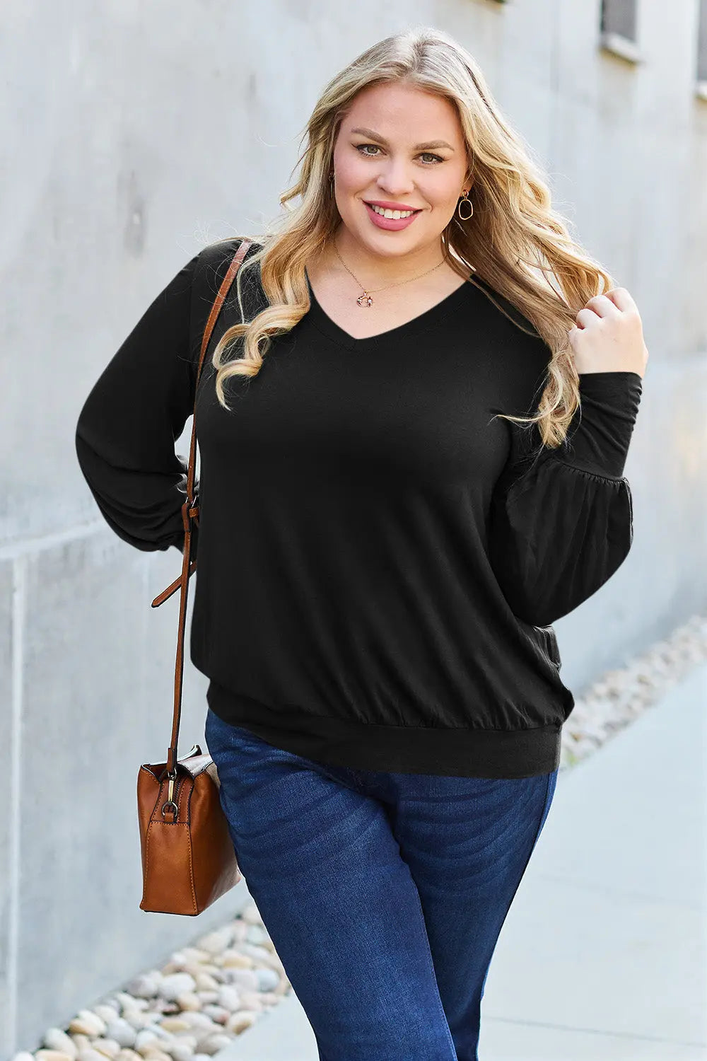 Basic Bae V-Neck Lantern Sleeve Top — Full Sizes - Whispering Desires Shoppe