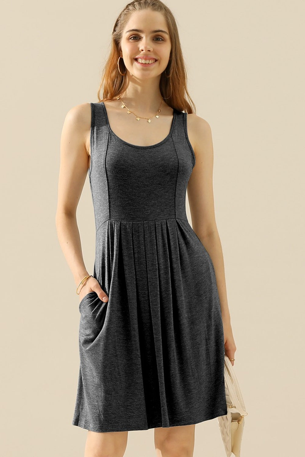 Doublju Ruched Round-Neck Sleeveless Dress w/ Pockets - Whispering Desires Shoppe