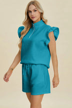 Double Take Flounce Sleeve Top & Drawstring Shorts - Whispering Desires Shoppe