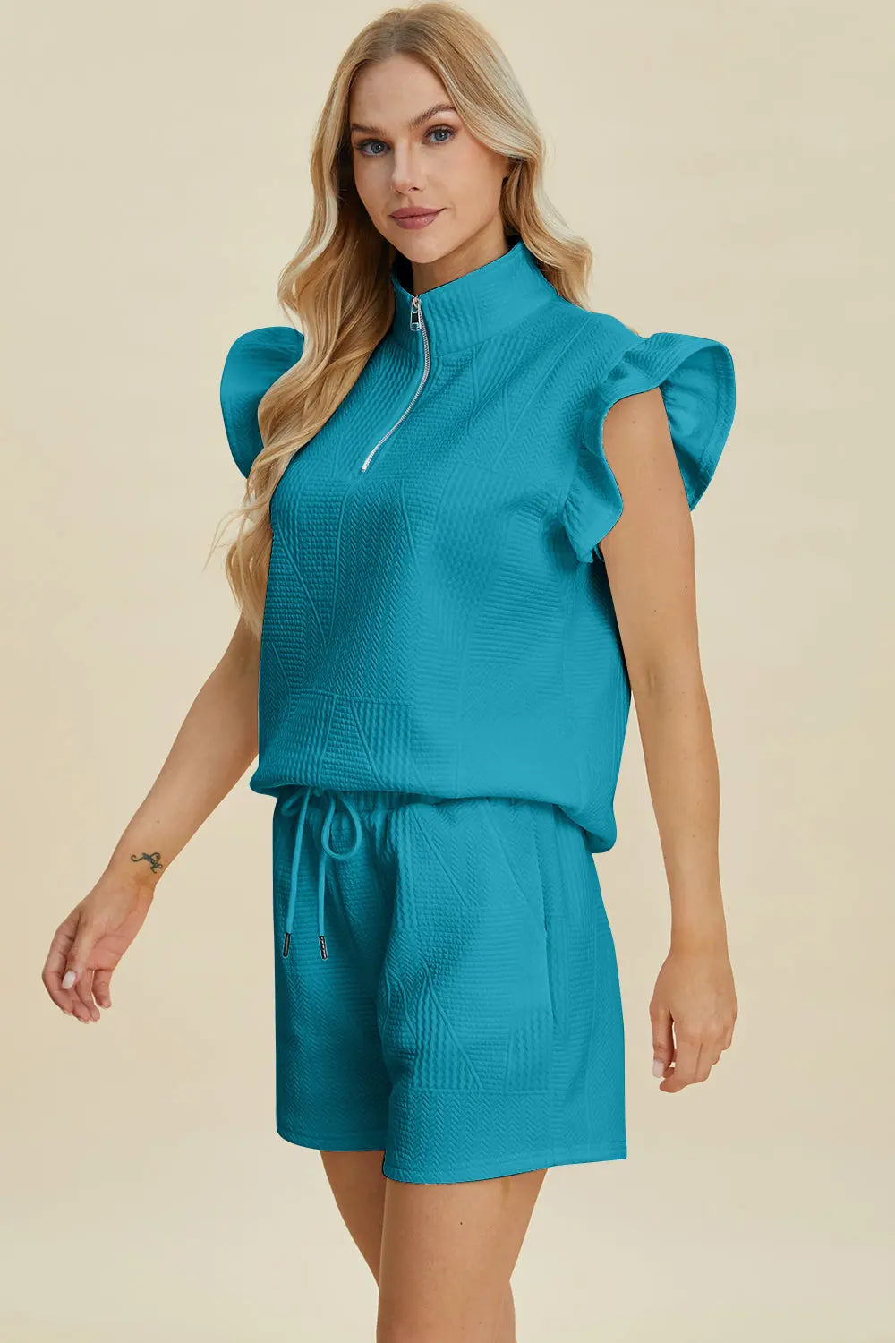 Double Take Flounce Sleeve Top & Drawstring Shorts - Whispering Desires Shoppe