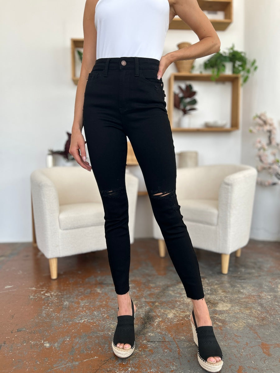 Judy Blue Full Size Distressed Tummy Control High Waist Skinny Jeans - Whispering Desires Shoppe