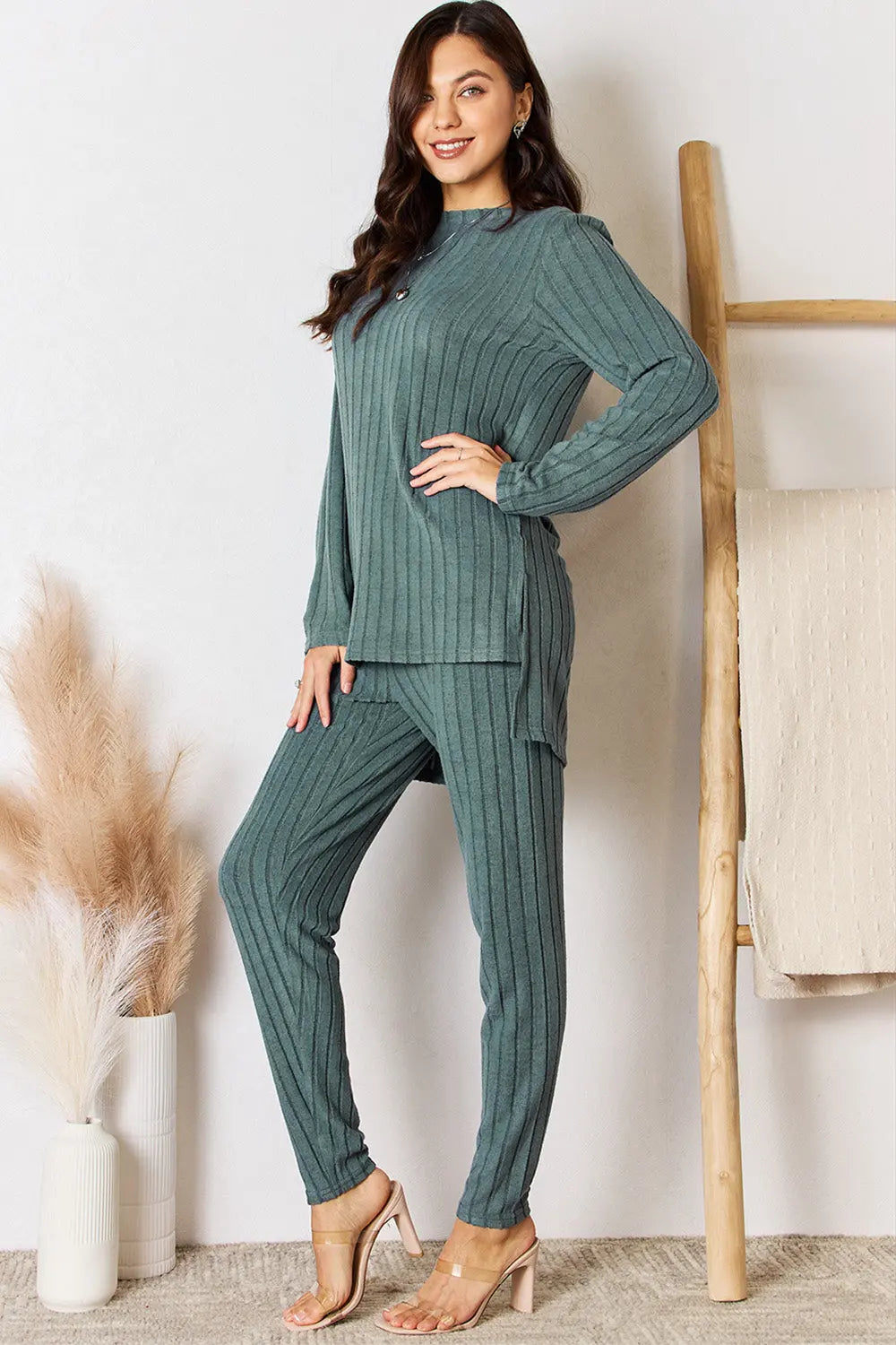 Trendsi Basic Bae Ribbed High-Low Top and Pants 2-Piece Loungewear Set - Whispering Desires Shoppe
