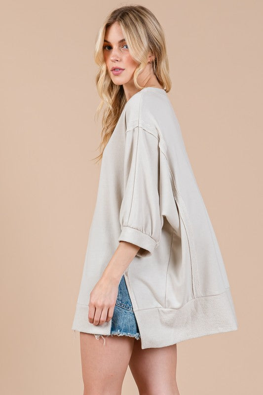 Ces Femme Side Slit Drop Shoulder Puff Sleeve Sweatshirt - Whispering Desires Shoppe