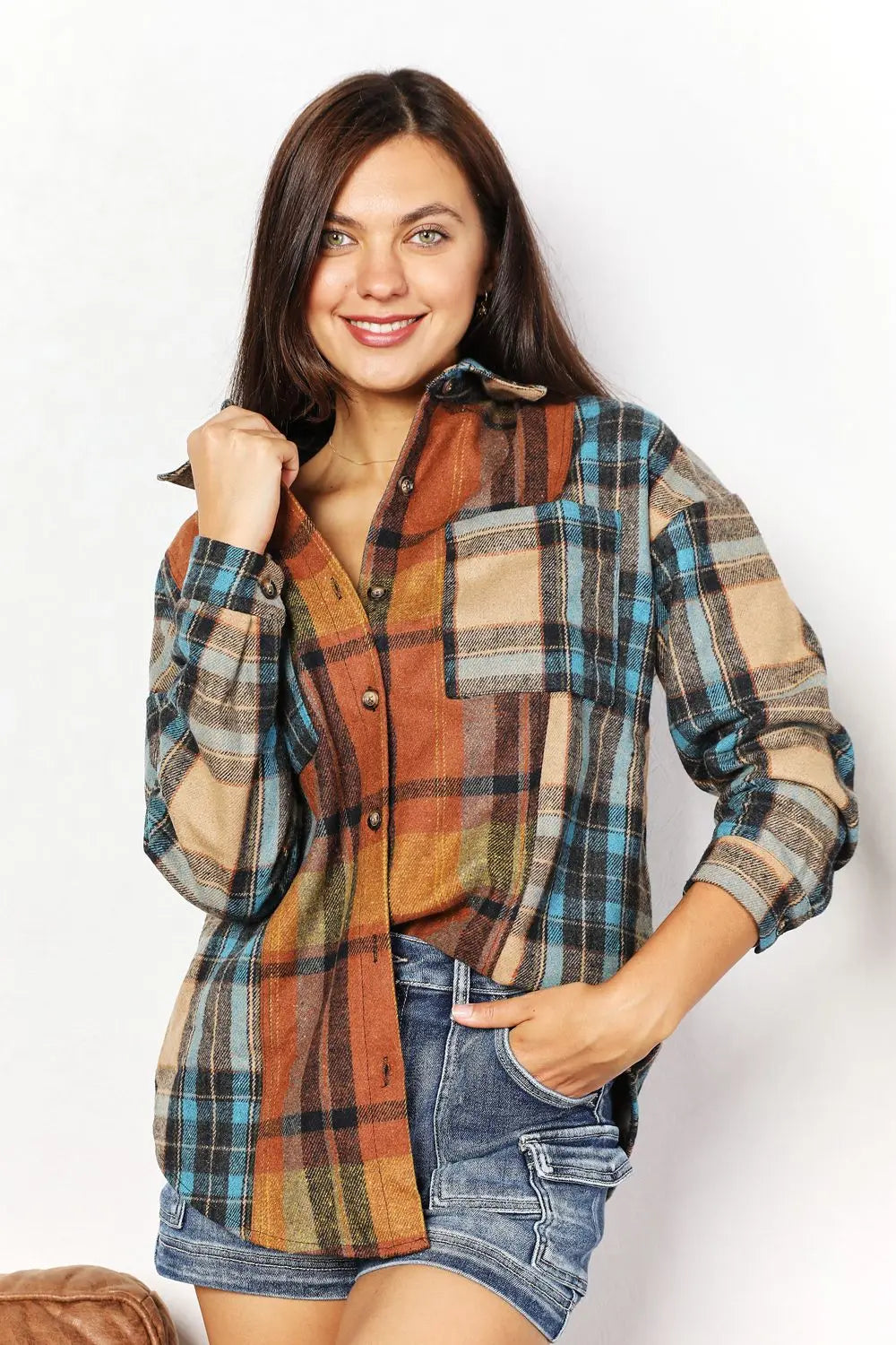Double Take Plaid Curved-Hem Shirt Jacket - Whispering Desires Shoppe