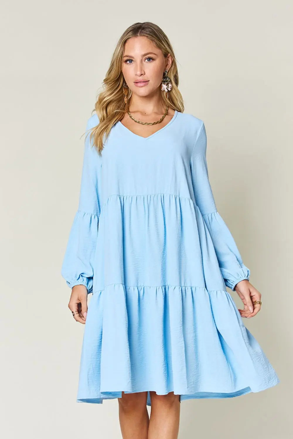 Double Take V-Neck Balloon Sleeve Tiered Dress w/ Pockets - Whispering Desires Shoppe