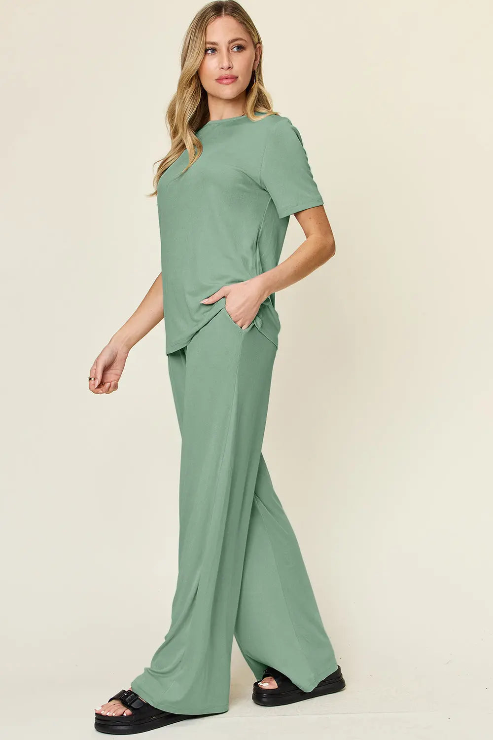 Double Take Short-Sleeve & Wide-Leg Two-Piece Set - Whispering Desires Shoppe