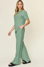Double Take Short-Sleeve & Wide-Leg Two-Piece Set - Whispering Desires Shoppe