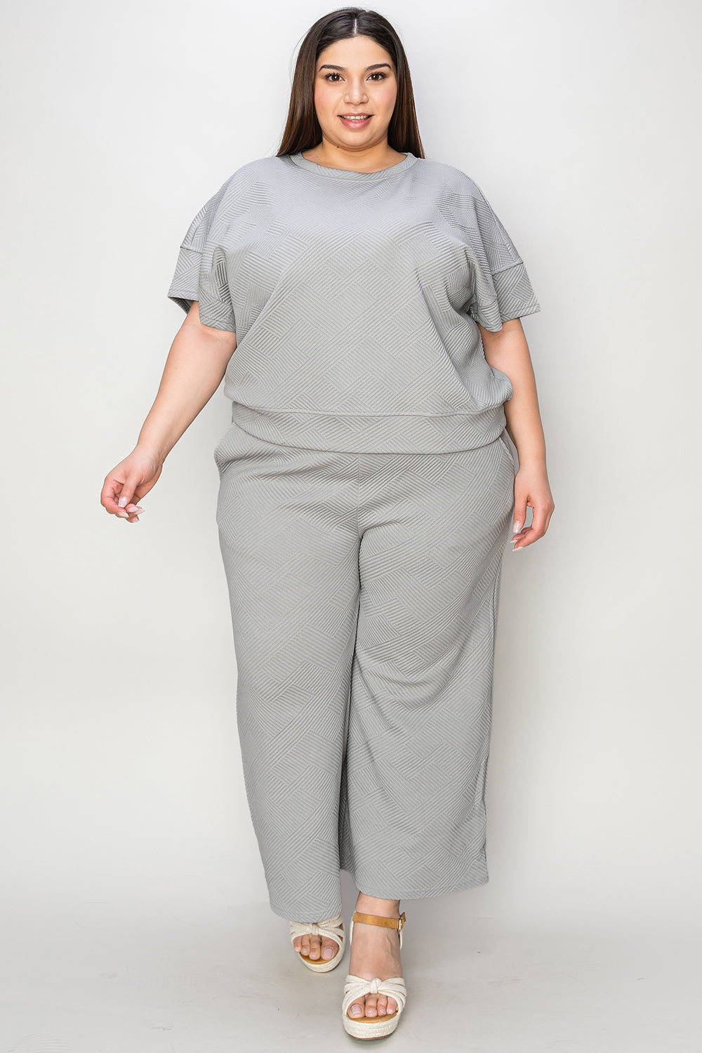 Double Take Full Size Texture Short Sleeve Top and Pants Set - Whispering Desires Shoppe