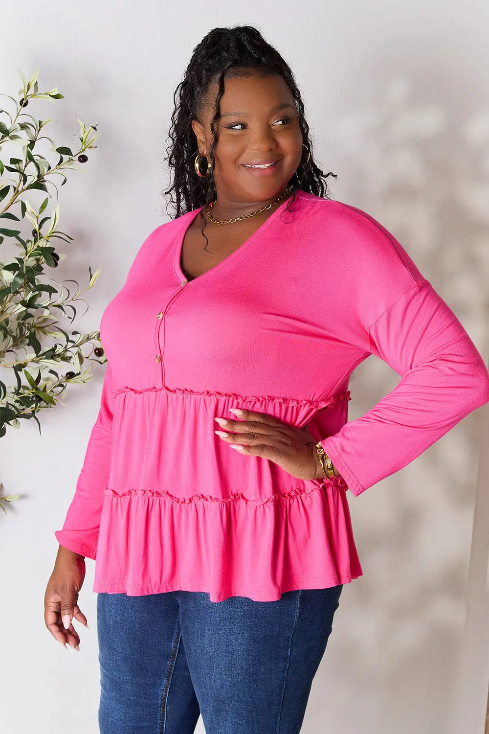 Double Take Ruffle-Hem Button Blouse - Whispering Desires Shoppe