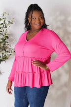 Double Take Ruffle-Hem Button Blouse - Whispering Desires Shoppe