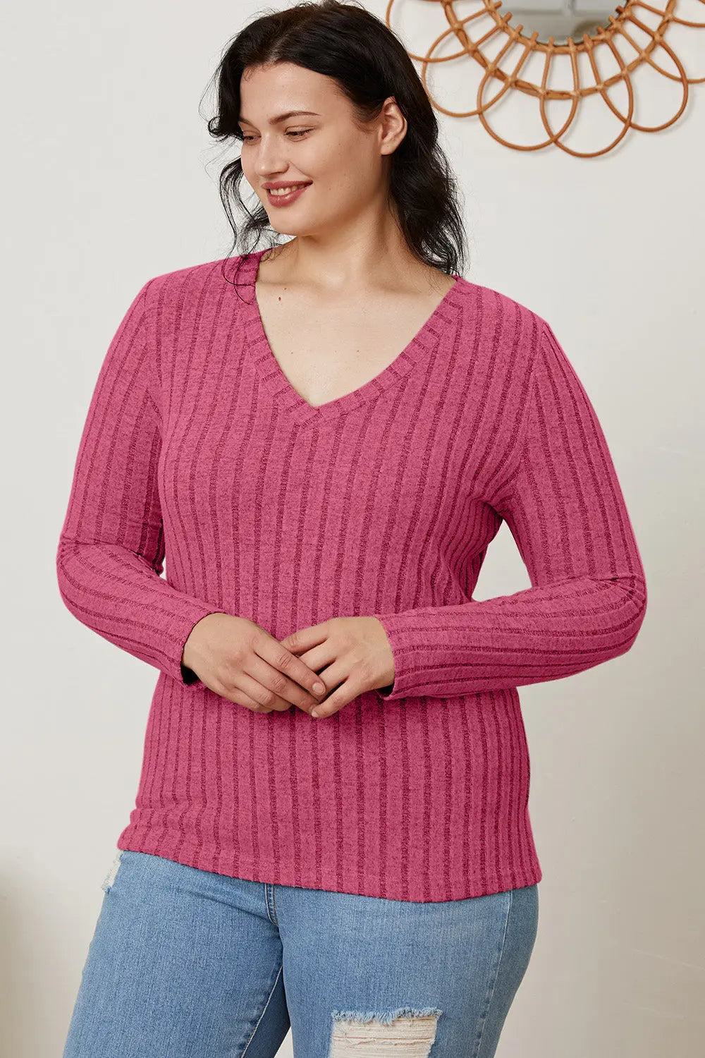 Basic Bae Ribbed V-Neck Long Sleeve Tee - Whispering Desires Shoppe