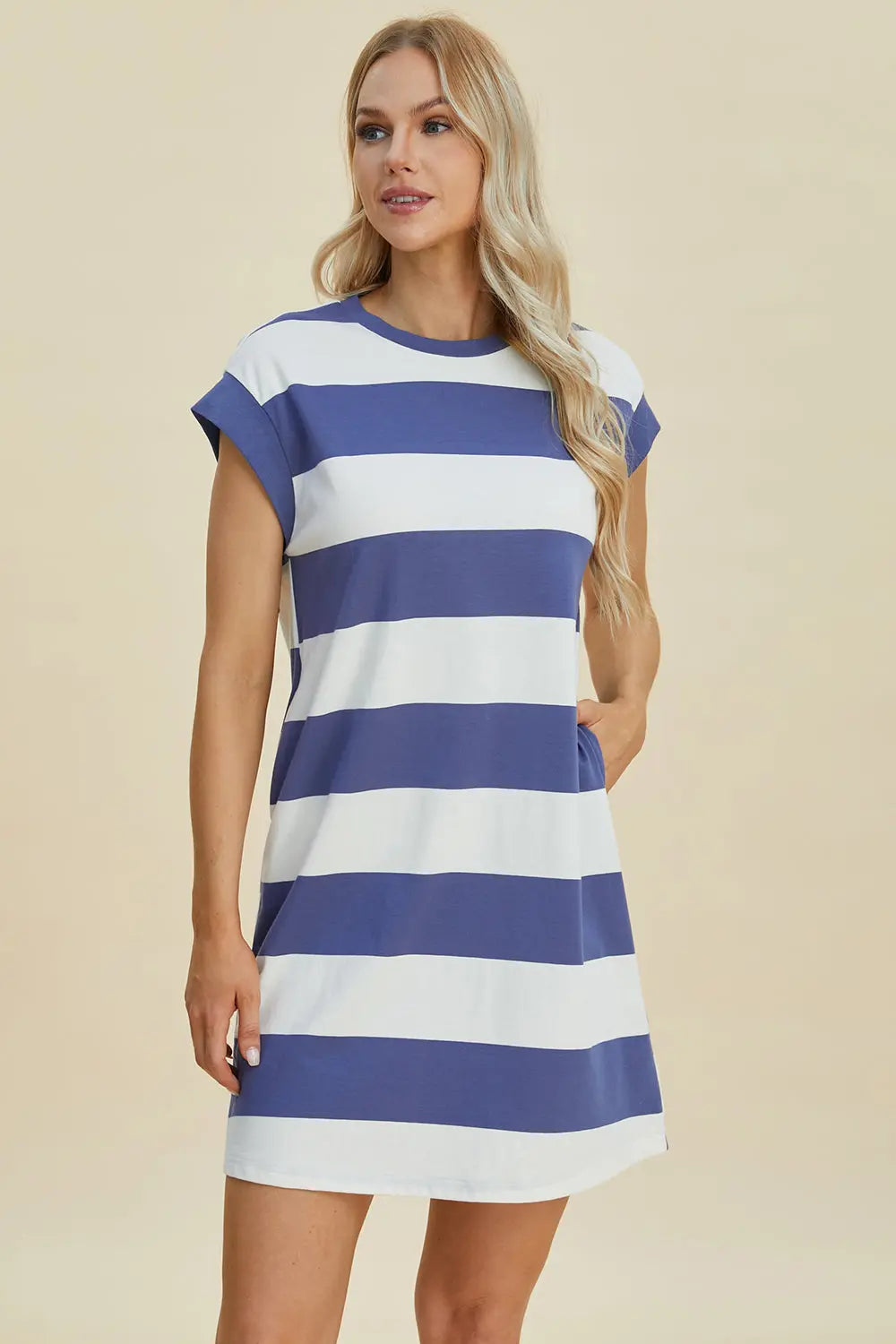 Striped Cap-Sleeve Mini Dress — Cotton-Blend Comfort - Whispering Desires Shoppe