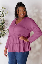 Double Take Ruffle-Hem Button Blouse - Whispering Desires Shoppe