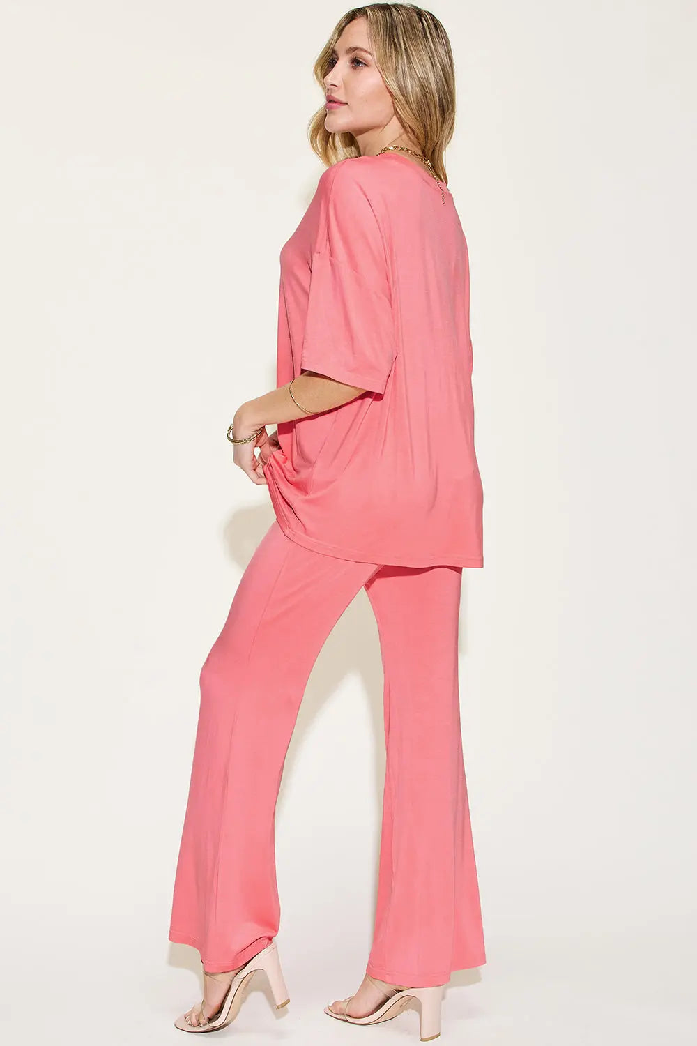 Basic Bae Full Size Bamboo Drop Shoulder T-Shirt and Flare Pants Set - Whispering Desires Shoppe