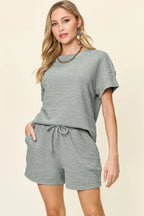 Double Take Textured Tee & Drawstring Shorts Set - Whispering Desires Shoppe