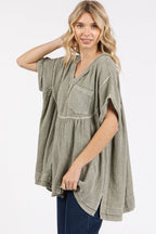 Mittoshop Mineral Wash Gauze Babydoll V-Neck Oversized Blouse - Whispering Desires Shoppe