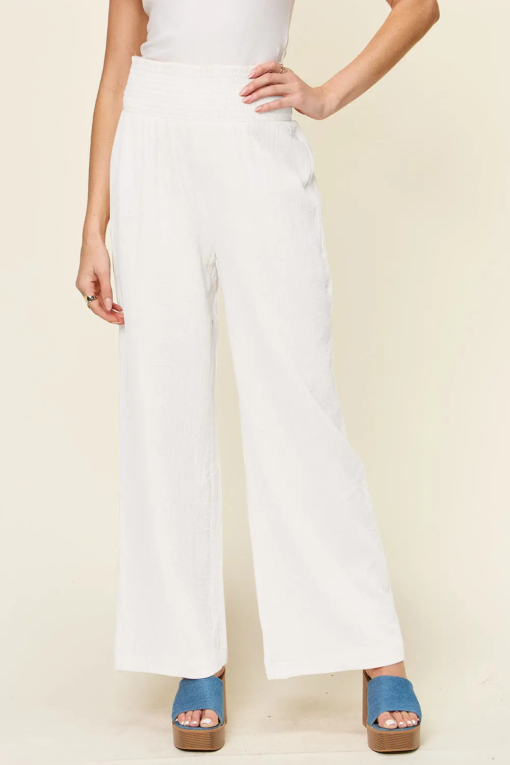 Double Take Smocked-Waist Wide-Leg Cotton Pants - Whispering Desires Shoppe