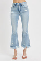 RISEN Full Size Raw Hem Distressed Cropped Flare Jeans Plus Size - Whispering Desires Shoppe