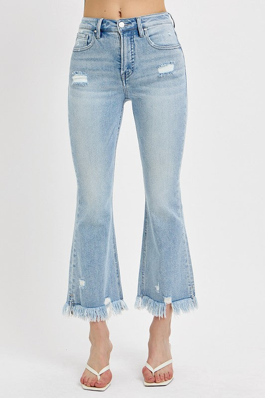 RISEN Full Size Raw Hem Distressed Cropped Flare Jeans Plus Size - Whispering Desires Shoppe