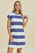Striped Cap-Sleeve Mini Dress — Cotton-Blend Comfort - Whispering Desires Shoppe