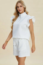 Double Take Flounce Sleeve Top & Drawstring Shorts - Whispering Desires Shoppe