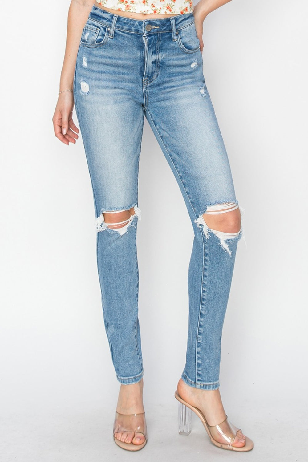 RISEN High-Rise Knee Distressed Skinny Jeans - Whispering Desires Shoppe