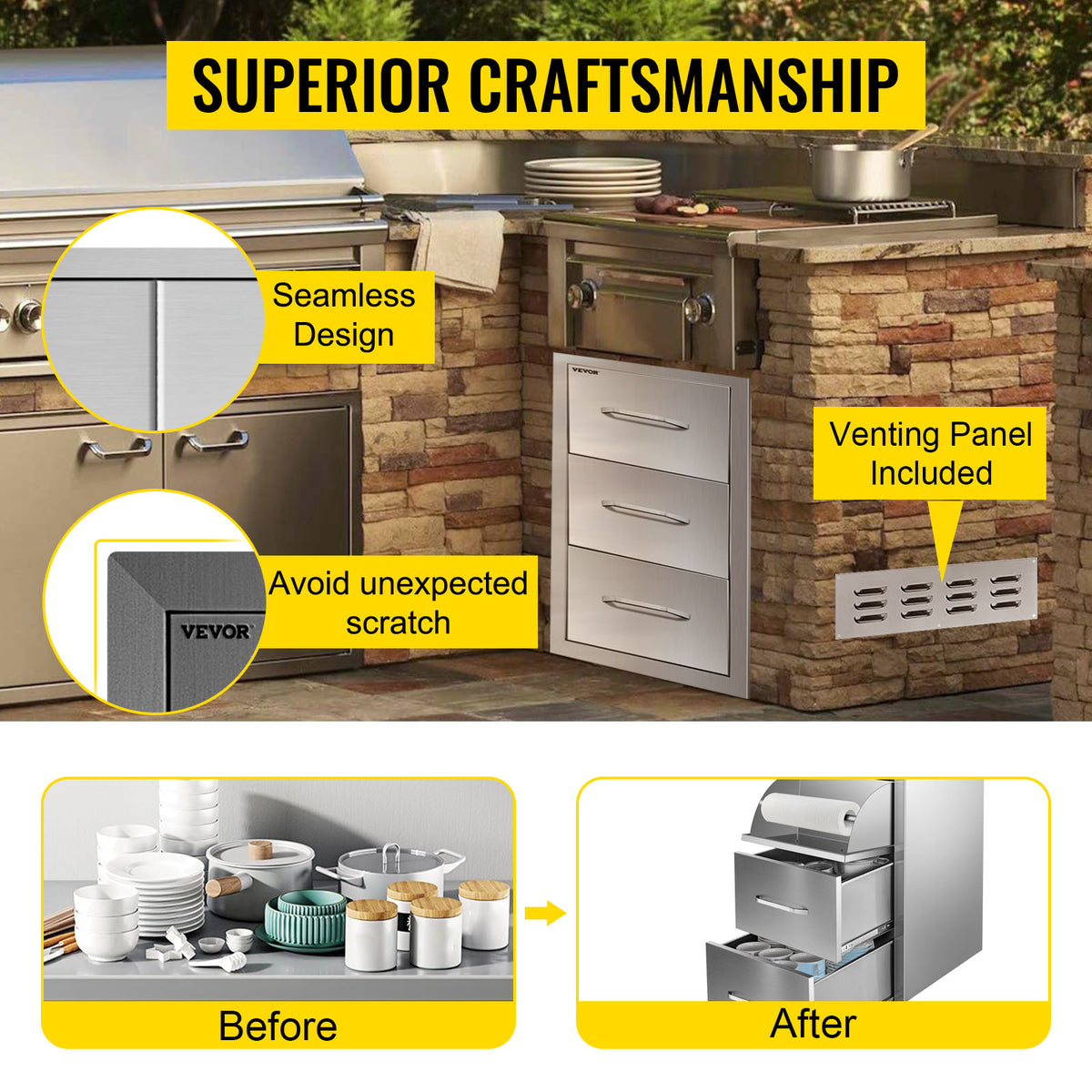 SucceBuy Stainless-Steel Outdoor BBQ Kitchen Drawers