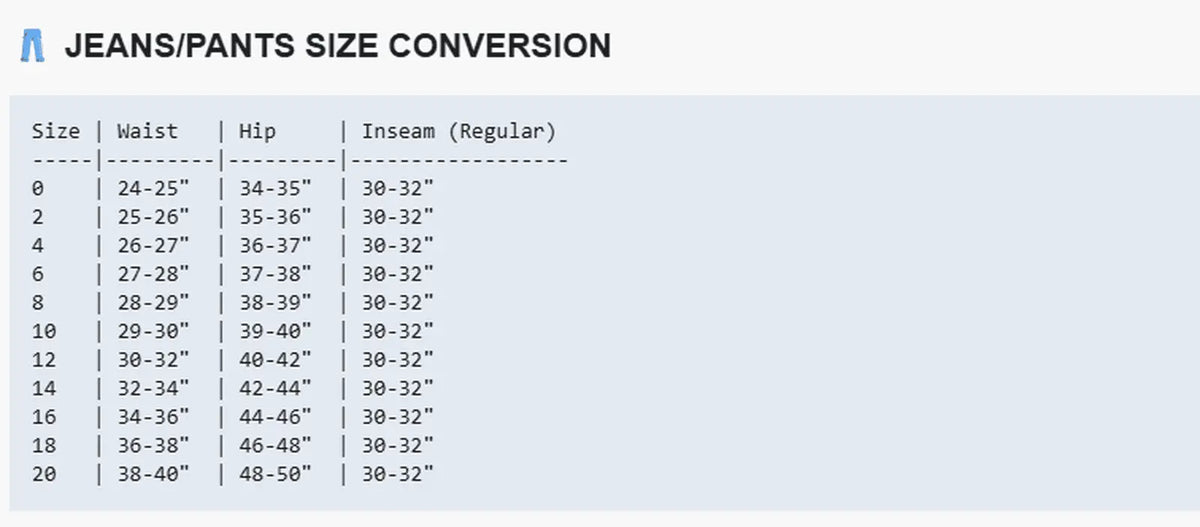 Jeans/Pants Size Conversion