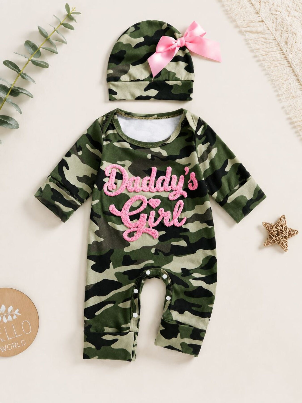 Daddy's Girl camo baby jumpsuit and bow hat set