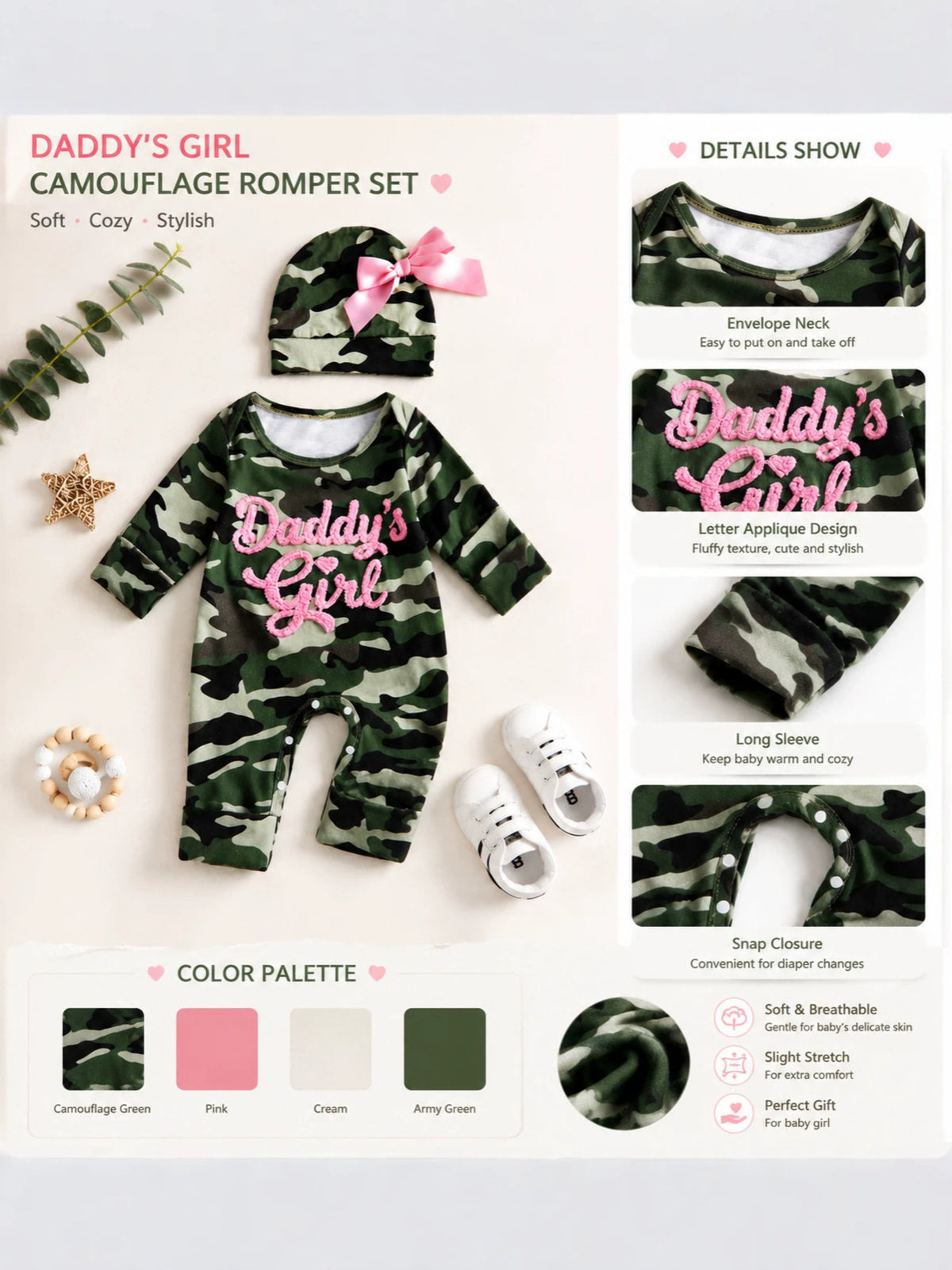 Daddy's Girl camo baby jumpsuit and bow hat set