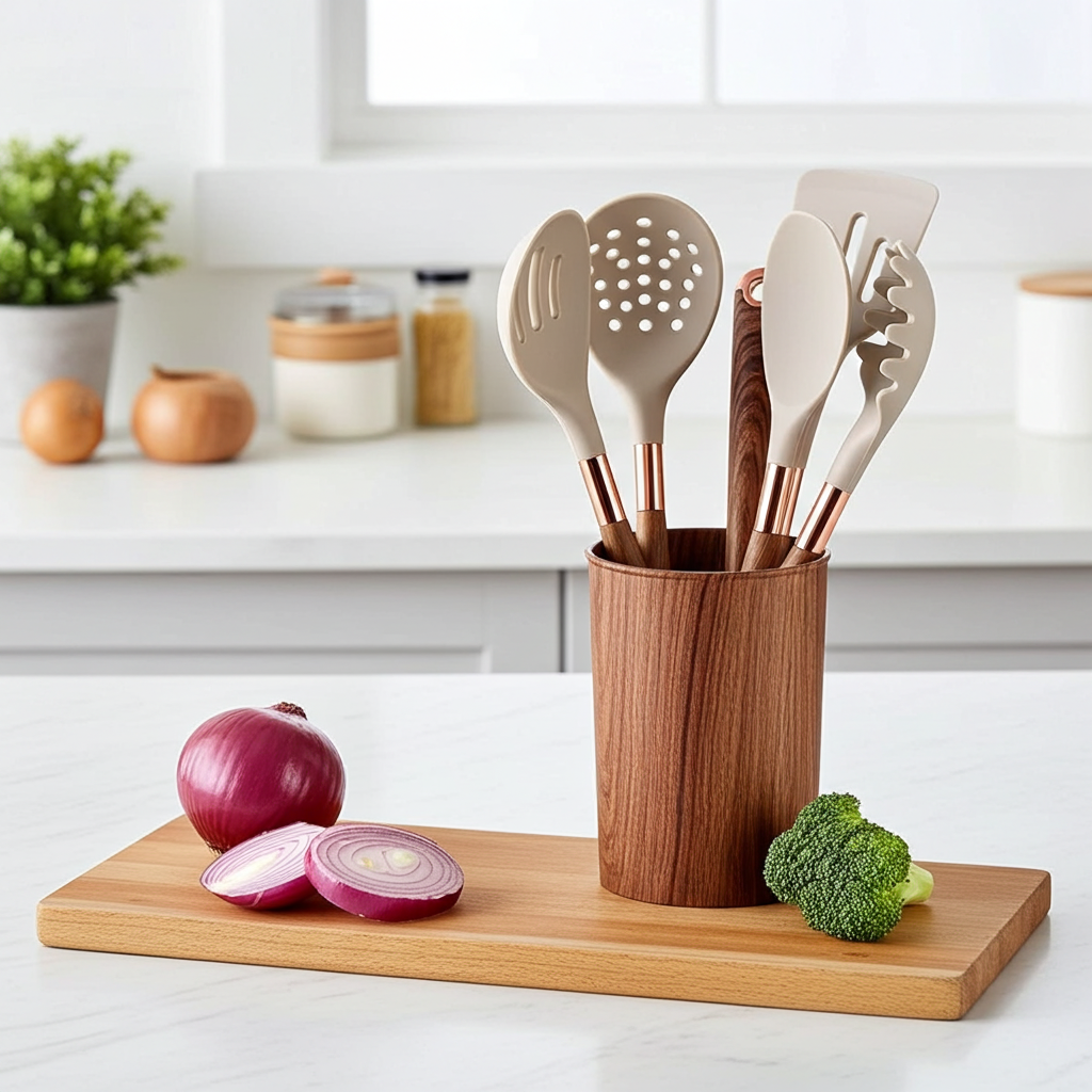 Wooden utensil holder with kitchen utensils on a wooden cutting board in a kitchen setting.